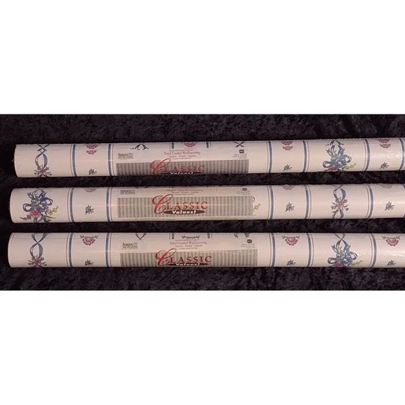 Vintage 3 Rolls Borden Wallpaper Blue Mauve Striped Bows Flowers Cottagecore