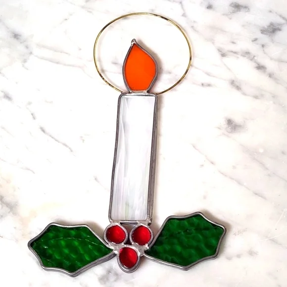 Vintage Sun Catcher Candle & Holly & Berries Stained Glass Christmas Holiday 8