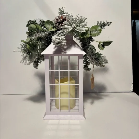 White Battery-Operated Lantern w/ Frosted Greenery – 14” x 6” New