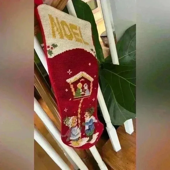 Vintage Needlepoint Christmas stockings Red back. Vintage holiday