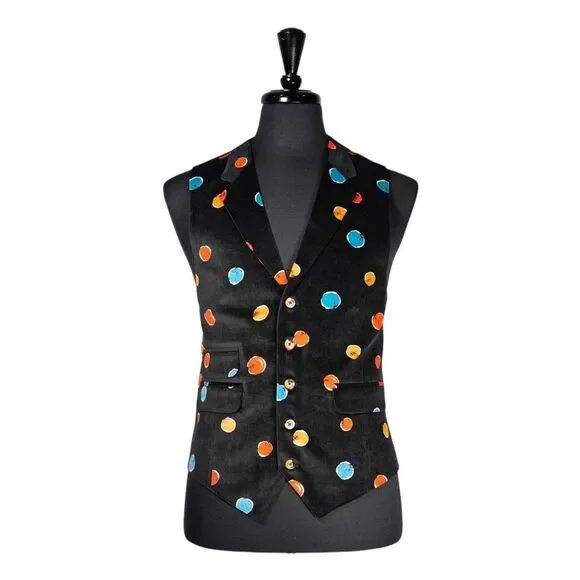Mens Velvet Vest 42R Black Orange Blue Polka Dot Waistcoat Formal Wedding Party