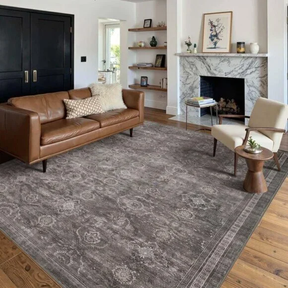 5x7 Grey Washable Area Rug, Boho Vintage Non-Slip Carpet for Home & Room Decor