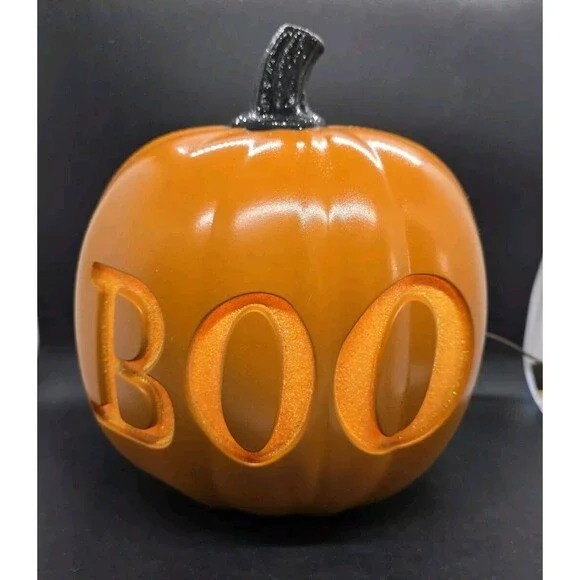 Decorative Boo Halloween Orange Pumpkin (Black glitter stem) Approximately 10