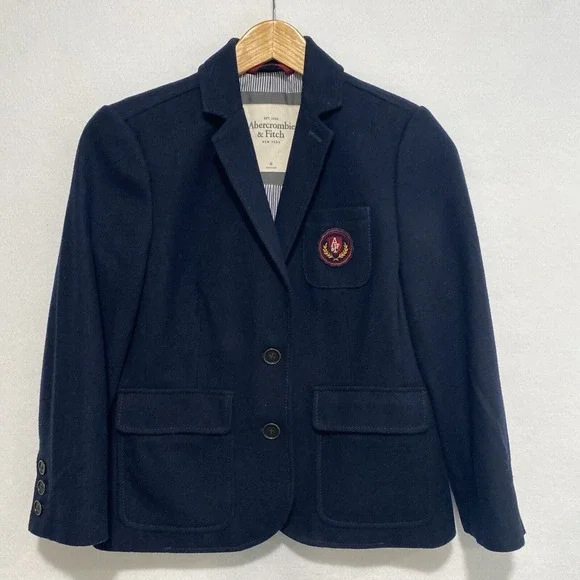 Abercrombie & Fitch‎ Navy Wool Blend Prep Lined Emblem Blazer Sz M