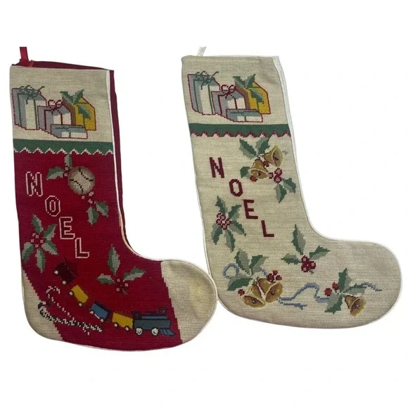 Pair‎ Hand Embroidered Christmas Holiday Stockings Red & Cream Noel Holly Trains