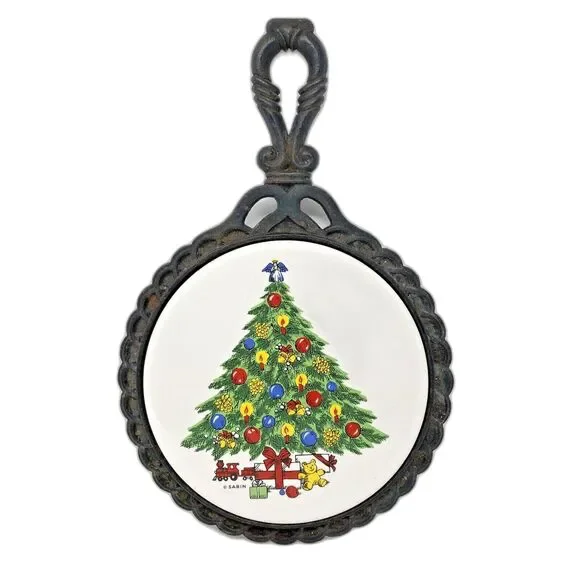 Vintage Cast Iron Trivet 1984 Christmas Tree Ceramic Tile Carlton Mid State USA