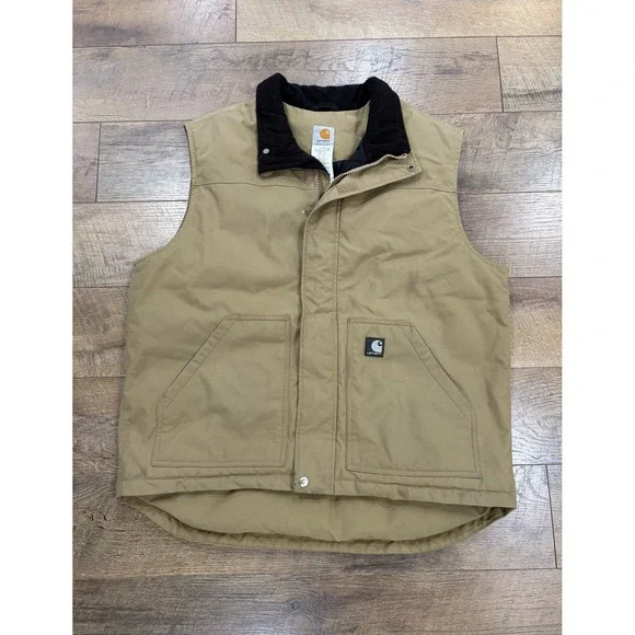 Carhartt V27 DKH Quilted Vest XL Khaki Ribbed Collar Full Zip Canvas Workwear