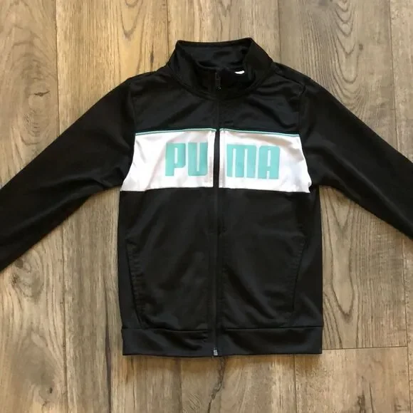 GIRLS PUMA LIGHTWEIGHT ATHLETIC JACKET IN EXCELLENT CONDITION! BLACK WITH TEAL