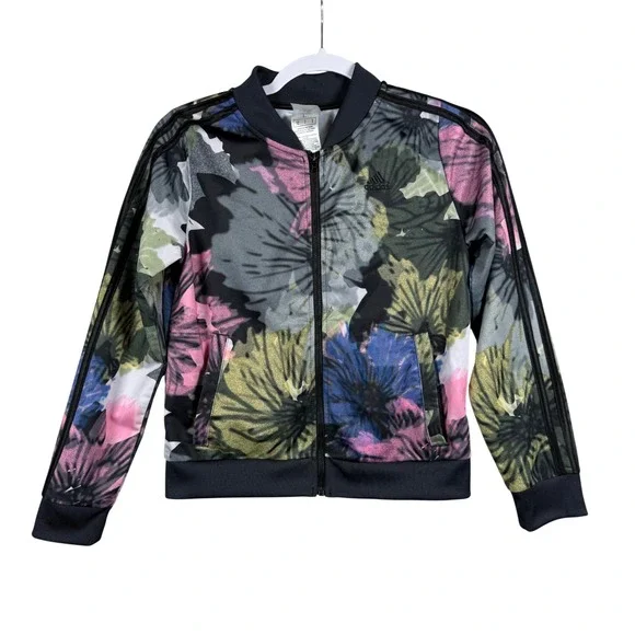 Adidas Girls Size 14 Track Jacket Floral Multi Color Full Zip Sporty Athleisure