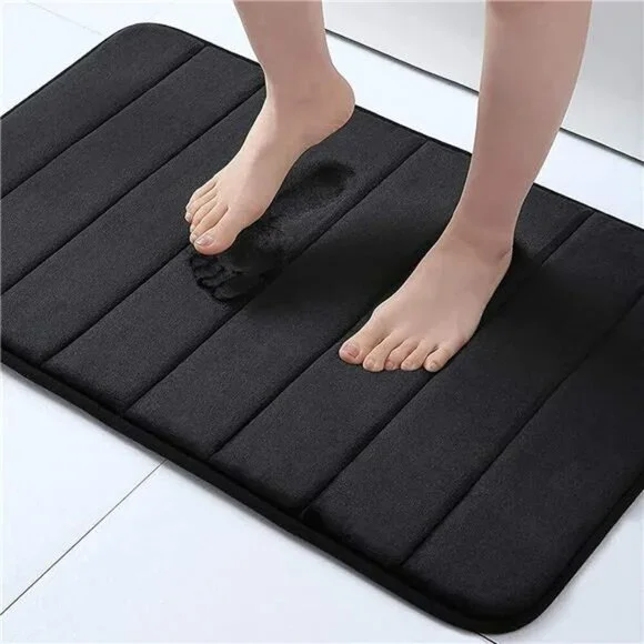 Black Memory Foam Bath Mat Soft Non Slip Water Absorbent Bathroom Rug 24x16