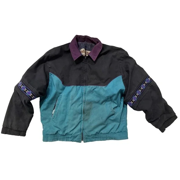 Vintage 90s Western Frontier Bomber Jacket Mens LGTeal Aztec Wool Lined Thrasher