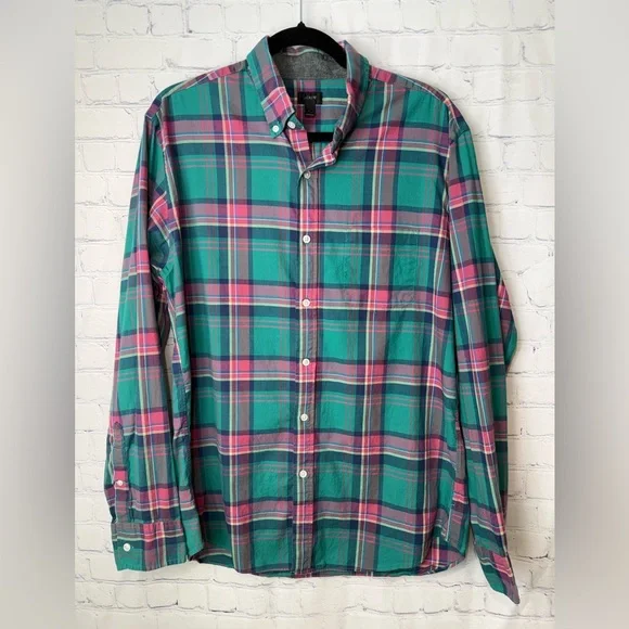J.Crew size large green & pink plaid long sleeve button down
