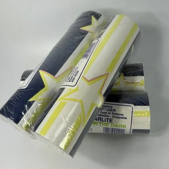 Lot 4 Rolls Vintage Starlite Glow in Dark Star Blue Stripe Wallpaper Border 20yd