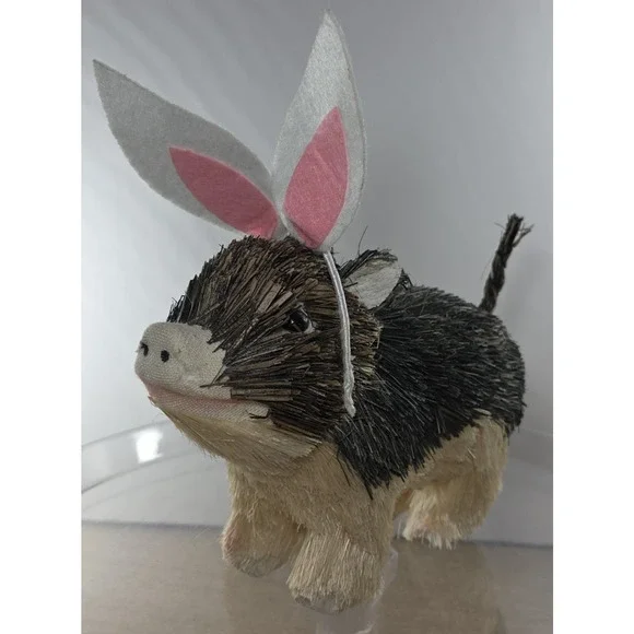 Easter Brown White Wood Bristle Pig with Rabbit Bunny Ears 5 x‎ 7 x 3