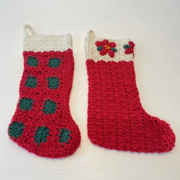Handmade Crochet Christmas Stockings Set of‎ 2 Red White Poinsettia Starburst
