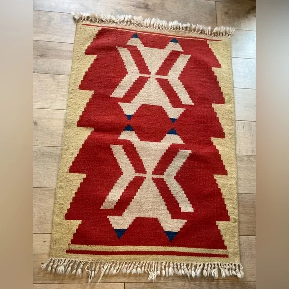 Turkish Kilim Wool Rug Flat woven 2X3 Ft Geometric Motif Red Cream Fringe VTG