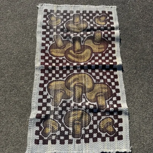 Vintage 70s 80s Mushroom Rug 40x23 Woven Brown Checkered