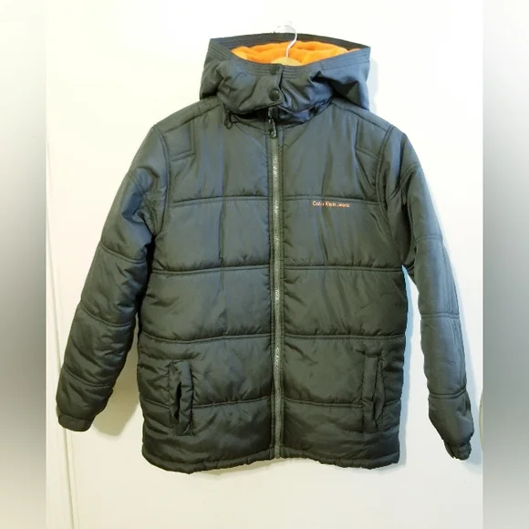 Calvin Klein Boys Hooded Puffer Winter Coat Jacket Gray Orange Size Large