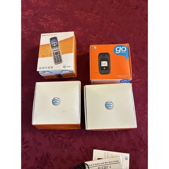 Four Vtg Flip Phones Two Rugby 4 One Go Phone One Breeze With Cords Untested Box