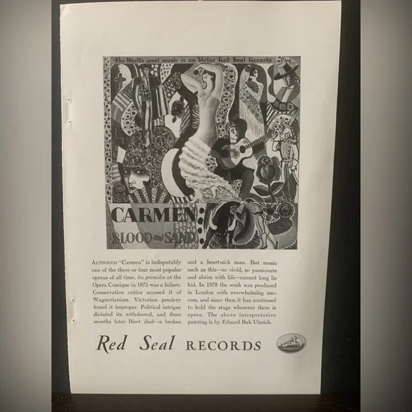 Vintage 1928 Red Seal Records Carmen Ad Advertisement