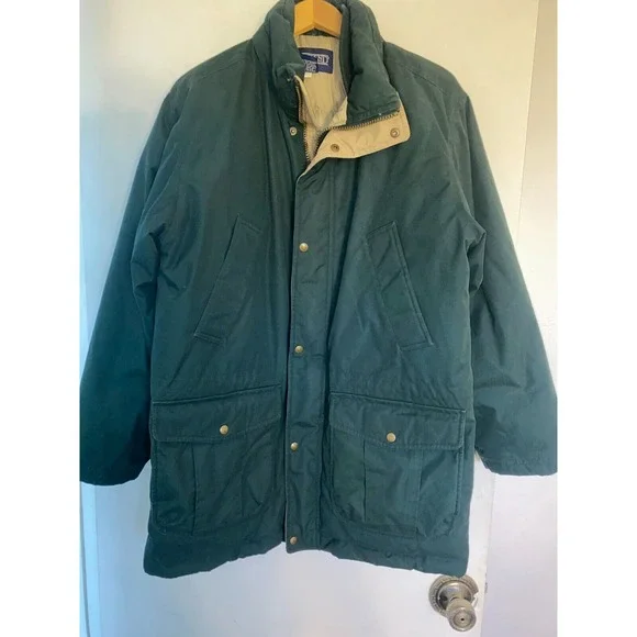 Lands' End Long Jacket Men Medium Green Down Fill Line‎ Snap Front Inside Zip