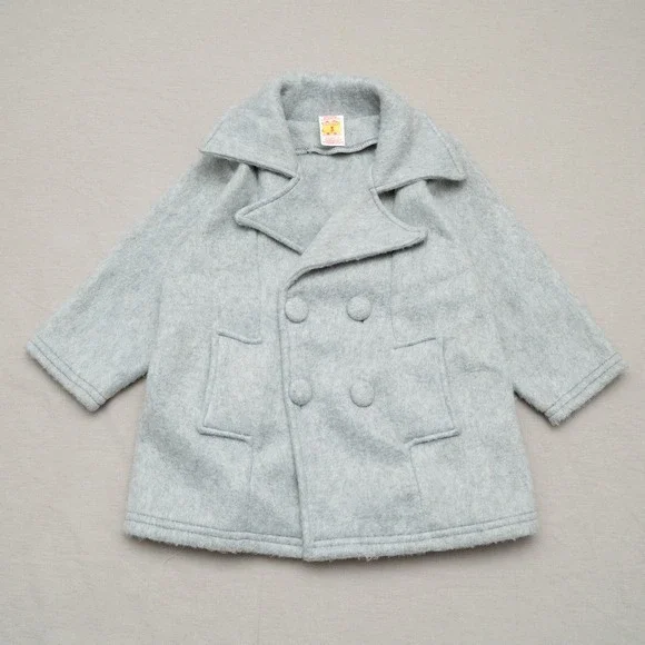 Vintage 80s 90s Kids Double Breasted Peacoat Over Coat Gray Fuzzy Soft 3T