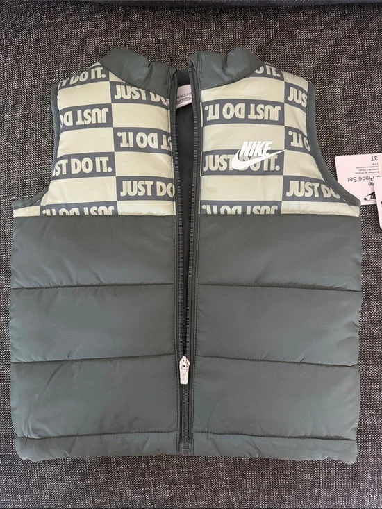Nike Kids Puffer Vest in Olive Green and Cream Checker 