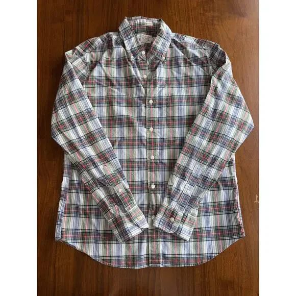 J.Crew Men's Secret Wash Slim Untucked Green/Navy/Red Plaid - Size M