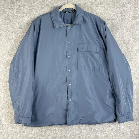 Zara Jacket Mens Large Blue Button Front Lightweight Snap Padded Casual Hipster