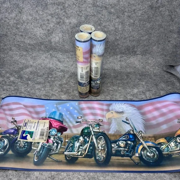Vtg Chesapeake Motorcycle‎ Wall Border GB9006-1B USA Flag Eagle Vinyl Prepasted