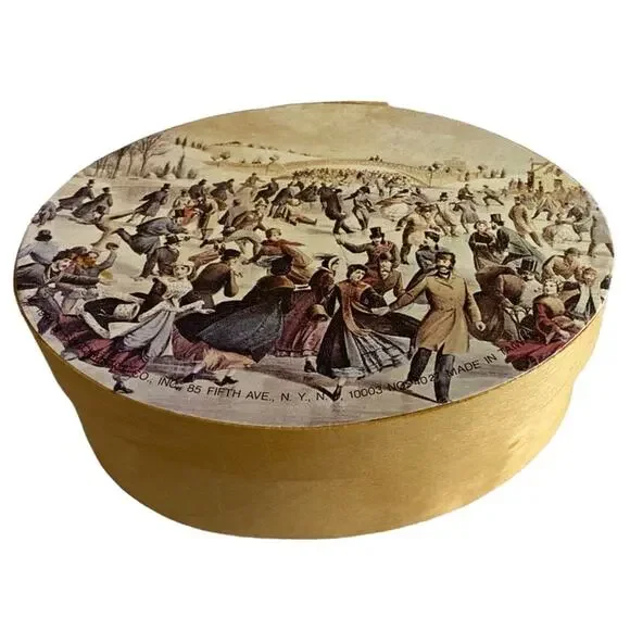 Vintage Shackman Wooden Oval Gift Box Currier & Ives Central Park Skating READ