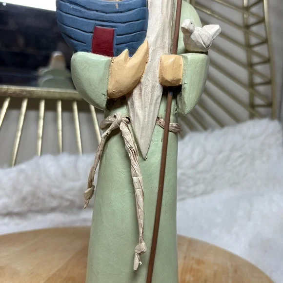 Vintage Wooden Noah Figurine Holding Ark & Dove Staff 10