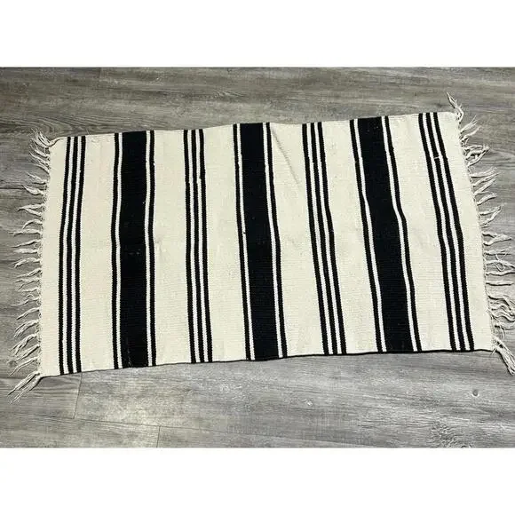 Hand Knotted Striped Cotton Fringe Area Rug Outdoor Throw Rug