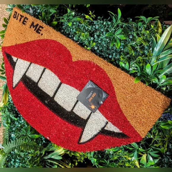 Bite Me. Vampire Fangs Lips Halloween Coir Doormat 16in x 28in New Fall