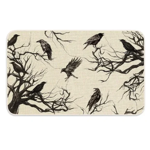 Black Ravens Nonslip Kitchen Rug Cream Ivory Doormat Goth Door Mat Crows Birds