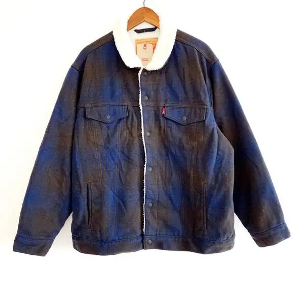 Levi's Men's XL Brown & Blue Plaid Flannel Sherpa Lined Trucker Jacket