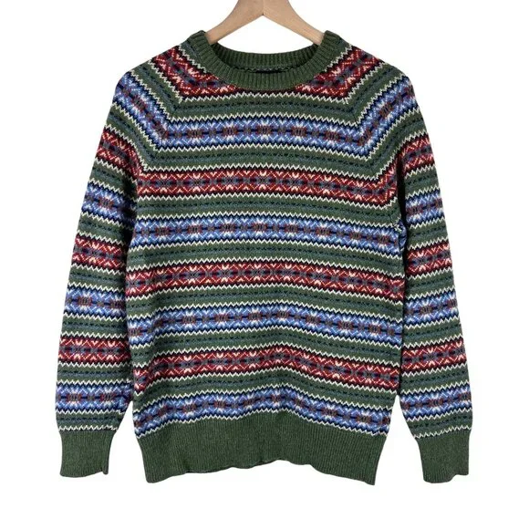 J. Crew Factory Mens Olive Lambswool-blend Fair Isle Crewneck Sweater