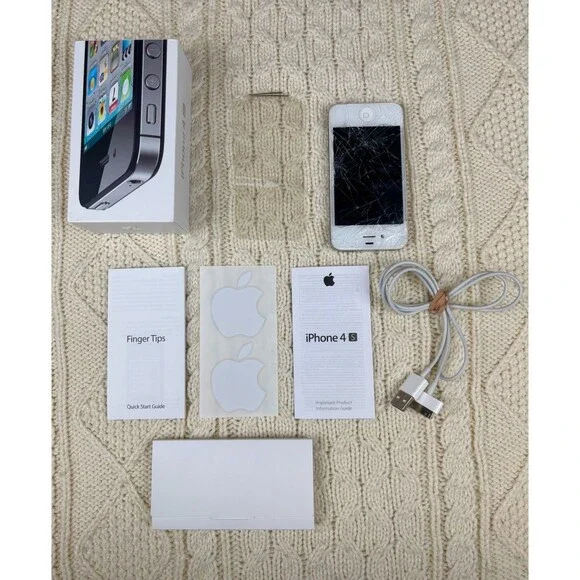Apple iPhone 4 White Model A1349 Cable Papers WORKS Cracked Screen 2010