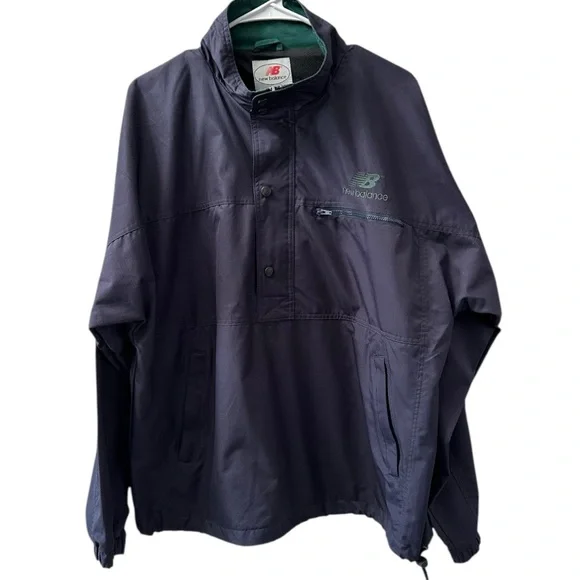 Vintage New Balance Anorak PopOver Jacket Navy Blue with Green Logo, Size Large