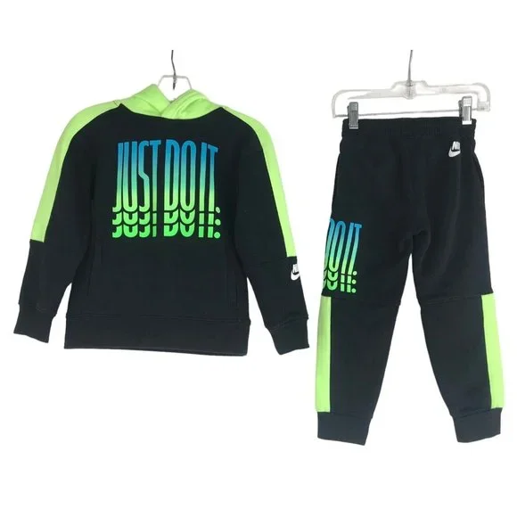 NIKE Hoodie Pants Set Boys Size 4 Black Neon Just Do It‎ Sweat Set