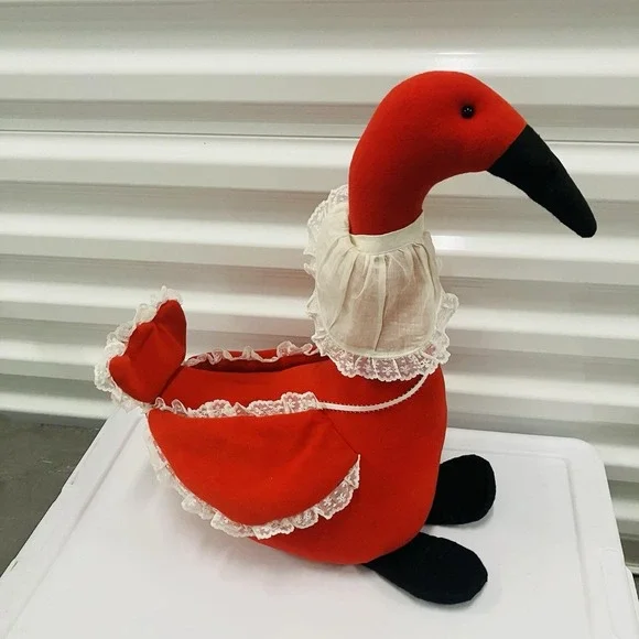 VTG Plush Porch Goose Door Stopper Decor Red Apron Prairie Lace Trim Duck