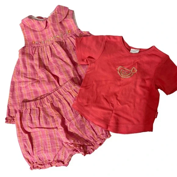 VTG Carters Kids 3pc Lot 18M Pink Plaid Dress Bloomers Bird TShirt Summer Outfit