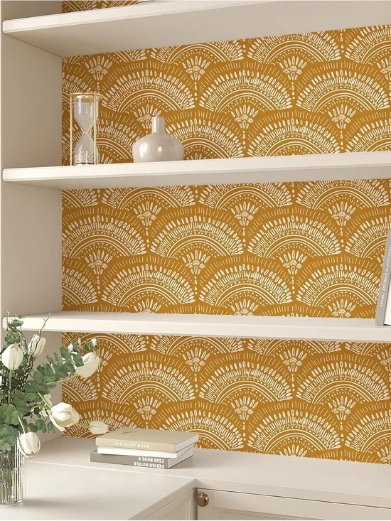 Boho Wallpaper with Scalloped Fans Motif in Yellow Ochre and White