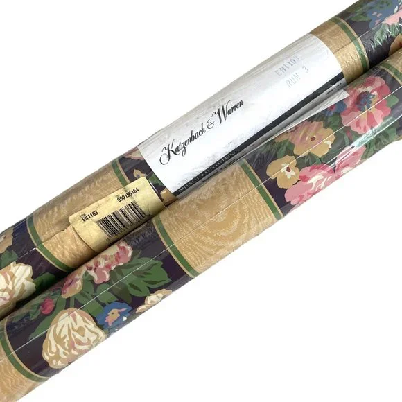 Vtg Katzenbach & Warren Double Roll Wallpaper Striped Floral Purple Gold 18 Yds