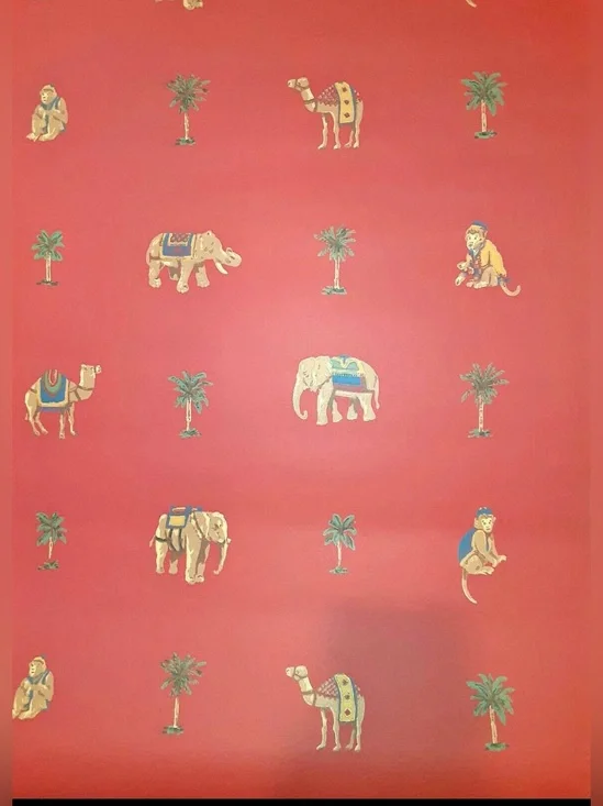 Vintage Set of Two Rolls Thibaut Red Wallpaper Monkeys Elephants Camels T6435