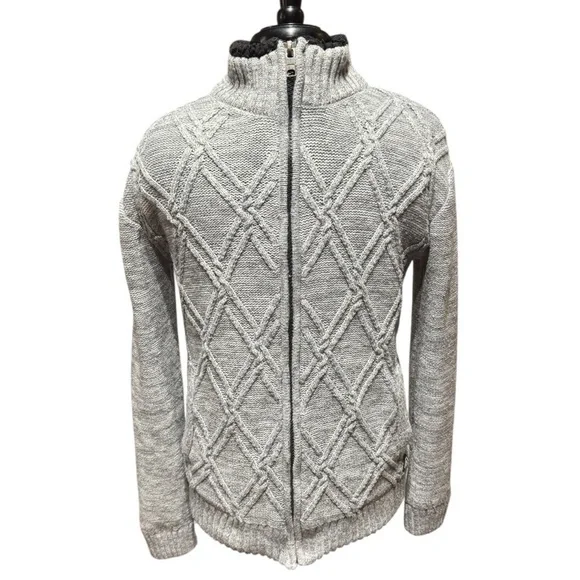 American Stitch Gray Cable Knit Full-Zip Sweater Fleece Lined Jacket Size S