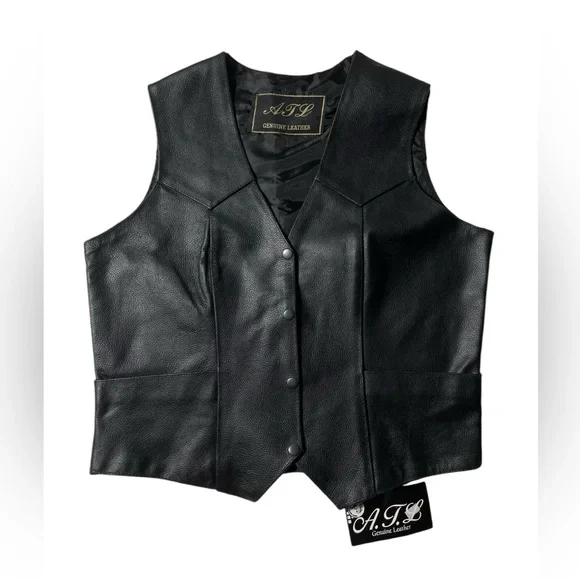 ATL Genuine Leather Black Biker Vest size M Snap Button NWT