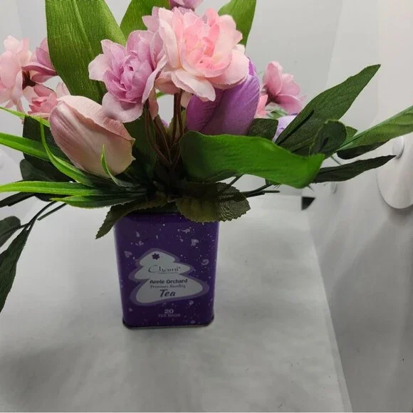 Hand Crafted Floral Table Centerpiece Spring Tulip Tea Tin