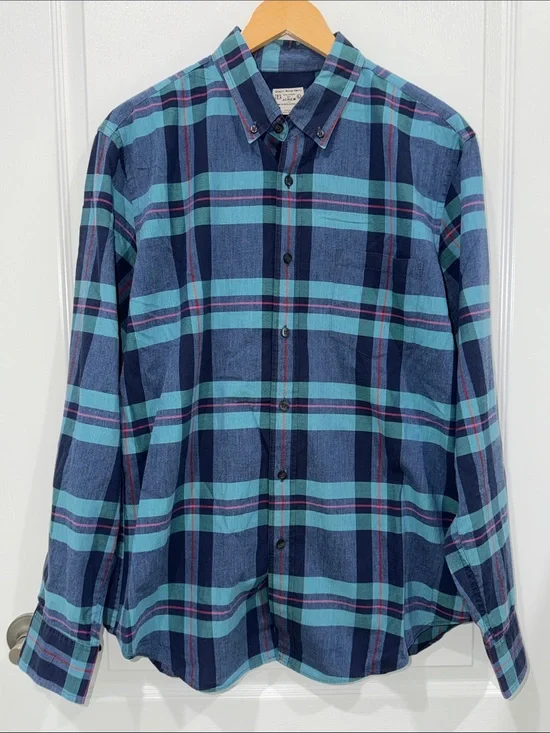 J. Crew Men's Plaid Button-Down Shirt - Blue Aqua size large