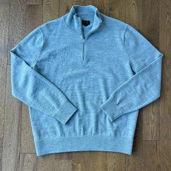 J.Crew 100% Merino Wool Quarter Zip Sweater Mens‎ L Gray Lightweight Pullover